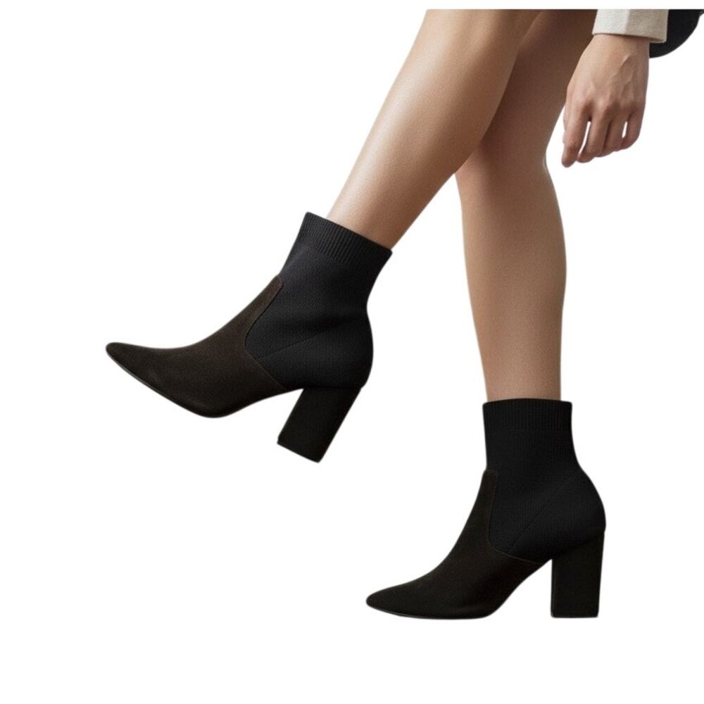 Steve Madden Reese Black Suede Sock Booties 5.5 Almond Toe Minimalist Heel